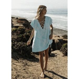 NWT Sand Cloud Light Blue Terry Floral Turtle Cover Up